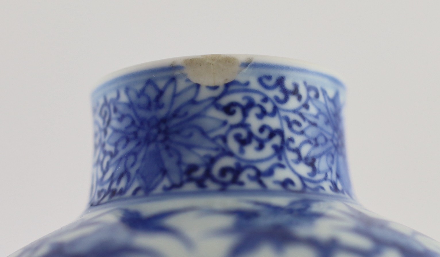 A Chinese blue and white 'fu lu shou' double gourd vase, Wanli mark probably late 19th century, 22cm high, splinter chip to rim and hairline crack to neck